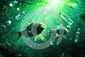 Fish swimming amidst plastic pollution in sunlit ocean depths
