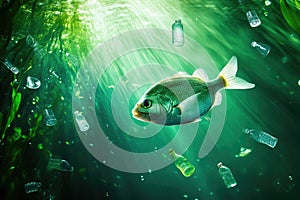 Fish swimming amidst plastic pollution in sunlit ocean depths