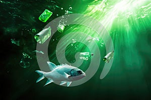 Fish swimming amidst plastic pollution in sunlit ocean depths