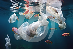 Fish swimming around plastic bags in clear blue ocean water