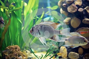 fish swimming in a clear aquarium viewed from the side