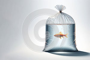 A fish swimming in a closed plastic bag. Place for text.