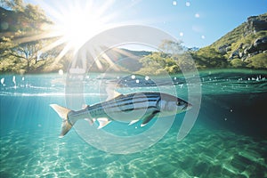 Fish swimming in crystal-clear mountain river. View from the water. Sunset