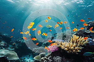 Fish swimming near coral reef in underwater ocean environment