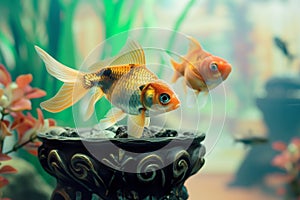 fish swimming in a small decorative aquarium