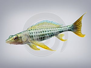 Fish swimming in water. It is small, yellow and blue fish with big eyes that are looking upwards. The fish appears to