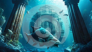 Fish swims in sea near Ancient temple ruins, old building underwater, generative AI