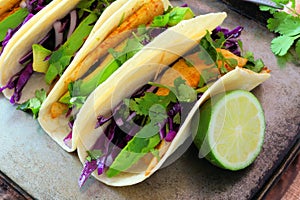 Fish tacos with red cabbage lime slaw