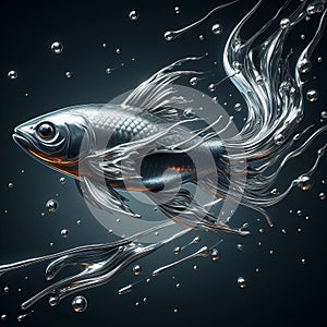 A fish with a tail made of liquid mercury, photorealistic v