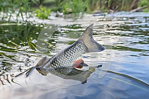 Fish tail in river water with algae. Chub fishing