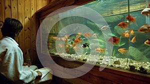 A fish tank p near a sauna the fish swimming leisurely as their owner relaxes inside. photo