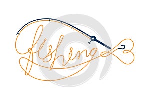 Fish text made from Fishing rod frame Fish shape, logo icon set design orange and dark blue color illustration