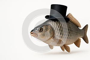 Fish in a top hat on a white background. Space for text.