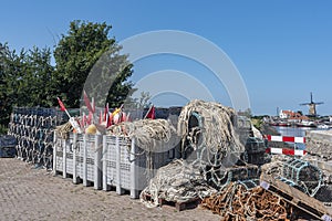 Fish traps and ropes on the Nieuwe Haven quay in Zierikzee. Province of Zeeland in the Netherlands