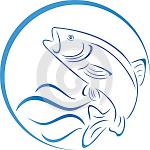 Fish, trout and water waves, fish and fishing logo