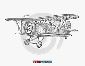 Hand drawn retro airplane. Realistic vintage biplane isolated. Engraved style vector illustration.