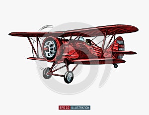 Hand drawn retro airplane. Realistic vintage biplane isolated. Engraved style vector illustration.