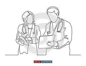 Continuous line drawing of two doctors dialog. Hospital scene. Vector illustration.