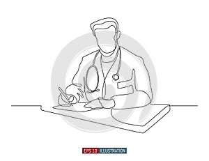 Continuous line drawing of doctors silhouette. Hospital scene. Vector illustration.