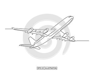 Continuous line drawing of jet plane. Vector illustration.