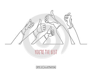 Continuous line drawing of hands whith thumb up gestures. Vector illustration. photo