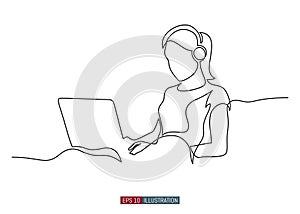 Continuous line drawing of girl with laptop. Vector illustration.