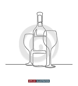 Continuous line drawing of wine bottle and glasses. Vector illustration.