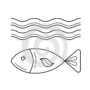 Fish under sea wave vector line icon.