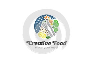 Fish and Vegetables on Plate Logo. Circle Diet Food Logotype