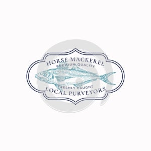 Fish Vintage Frame Badge or Logo Template. Hand Drawn Wild Horse Mackerel Sketch Emblem with Retro Typography. Isolated