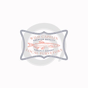 Fish Vintage Frame Badge or Logo Template. Hand Drawn Wild Ocean Capelin Sketch Emblem with Retro Typography. photo