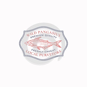 Fish Vintage Frame Badge or Logo Template. Hand Drawn Wild Pangasius or Basa Sketch Emblem with Retro Typography. photo