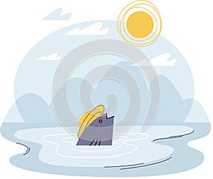 Fish in water cartoon carp in hat came up to surface and looks at bright sun. Flat fishing web icon