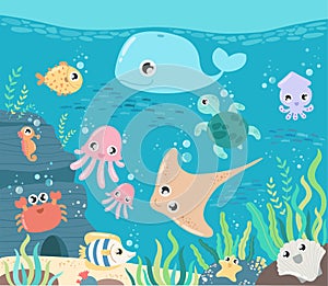 Fish and wild marine animals in ocean. Sea world dwellers, cute underwater creatures, coral reef inhabitants in their natural