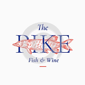 Fish and Wine Abstract Vector Sign, Symbol or Logo Template. Hand Drawn Pike Fish with Classy Retro Typography. Premium