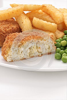 Fishcake Chips and Peas