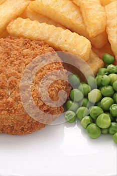 Fishcake Chips and Peas