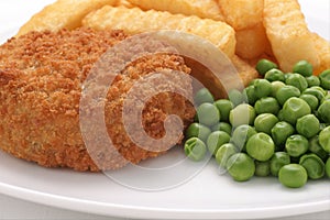 Fishcake Chips and Peas