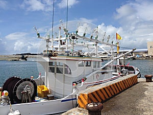 Fisher boat with big bulp lamps in harbour Penghu islands Taiwan