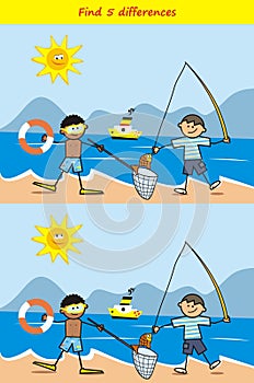 Fisher and diver, find 5 differences, board game for children, vector icon