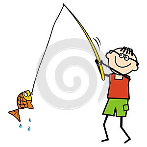 Fisher with fish, humorous vector picture