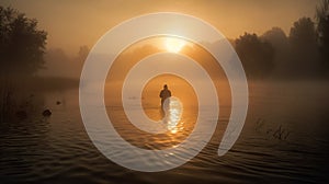 fisher fishing on foggy sunrise