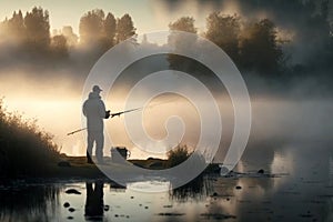 Fisher fishing on foggy sunrise, Generative AI