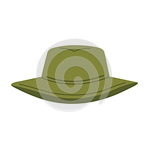Fisher hat. Khaki panama, cartoony flat headwear for hunting, fishing and camping.Protective clothing for outdoor hobbies, simple