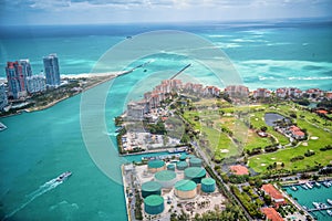 Fisher Island and South Pointe Park, aerial view. Miami, Florida