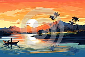 fisher man in a boat at sunset seascape AI generated