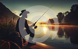 Fisher man fishing with spinning rod on a river bank at misty foggy sunrise