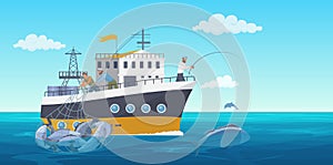 Fisher people in fishing vessel boat vector illustration, cartoon flat commercial fishing industry background with