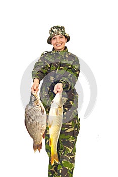 Fisher woman showing big carps