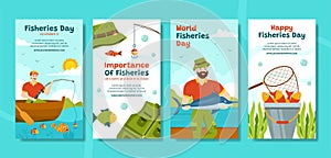 Fisheries Day Social Media Stories Illustration Flat Cartoon Hand Drawn Templates Background